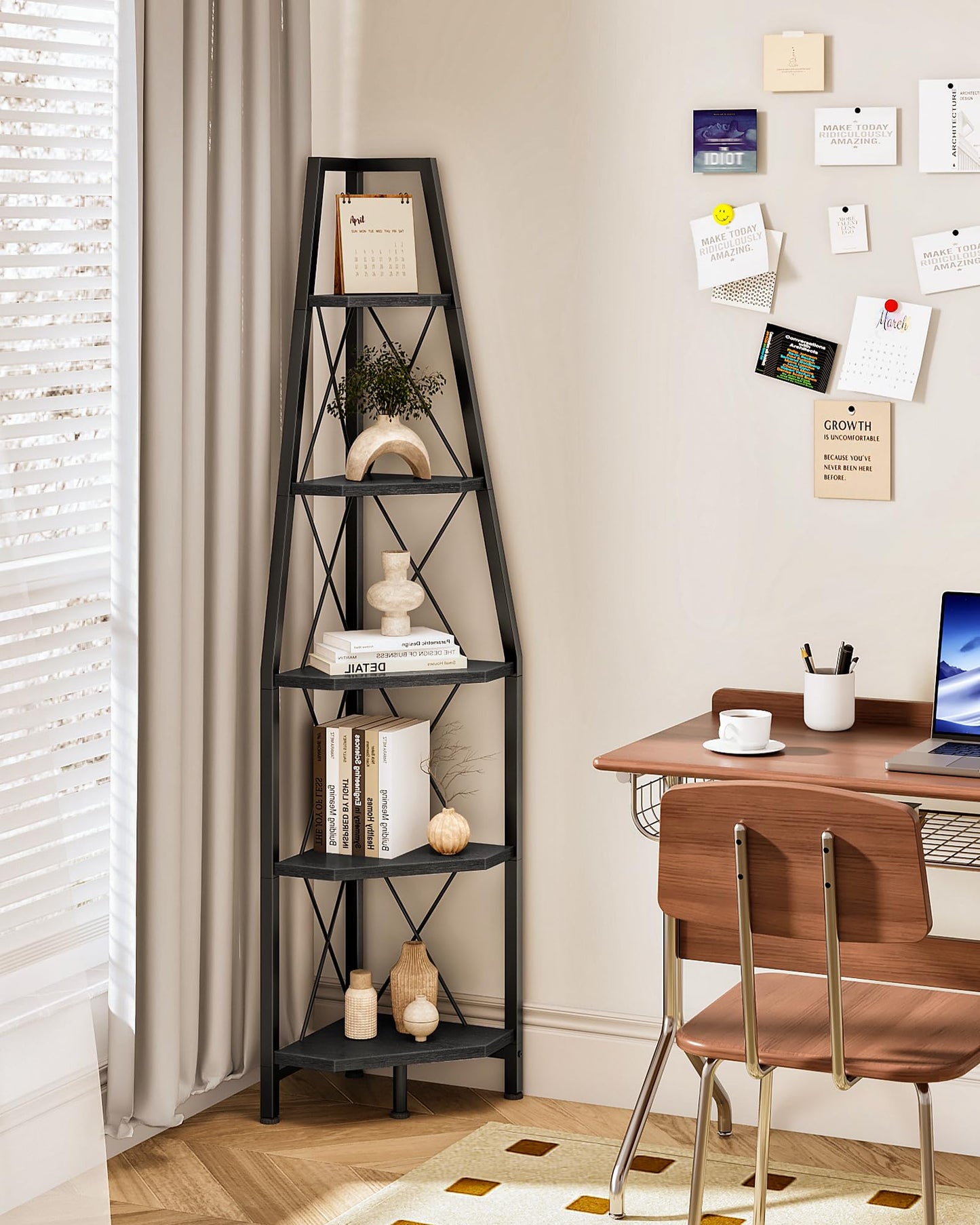 CHOEZON 5-Tier Corner Shelf, Corner Bookshelf, Ladder Shelf, Floor Standing Storage Rack, Open Display Stand, Plant Stand, for Living Room, Bedroom, Study, Bathroom, Black TCJ22BB