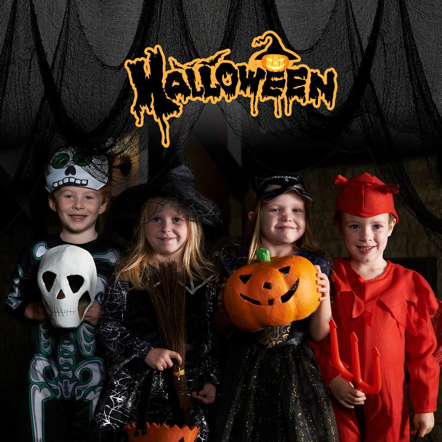 Yobbai 6 Pack Black Creepy Cloth - Halloween Decorations - 30x72 Inch Cotton Fabric - Spooky Fabric for Haunted House, Party, Outdoor or Indoor