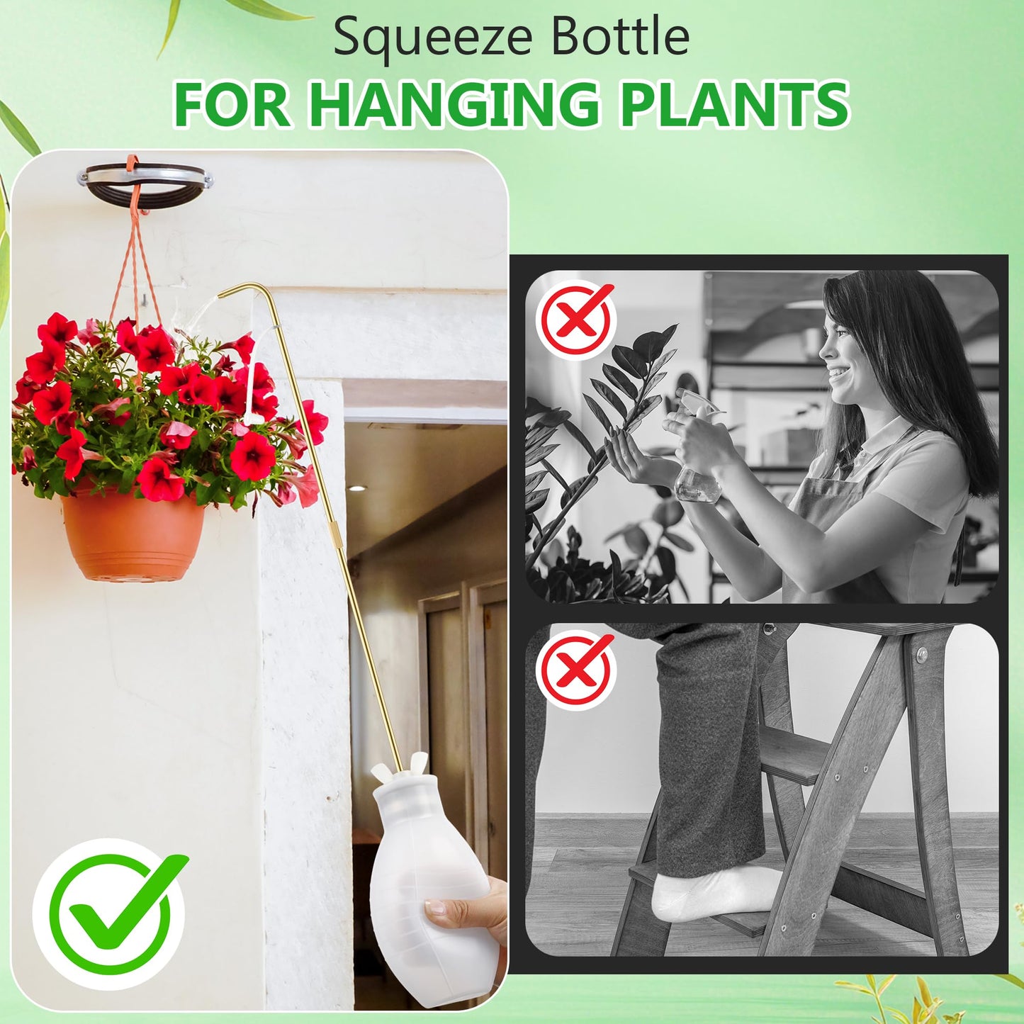 Squeeze Bottle for Hanging Plants, 19" Long Spout Plant Watering Bottle, Easy Squeeze Indoor/Outdoor Watering Can Alternative, Precise Sprinkling for Hanging Baskets, Houseplants(14 oz)