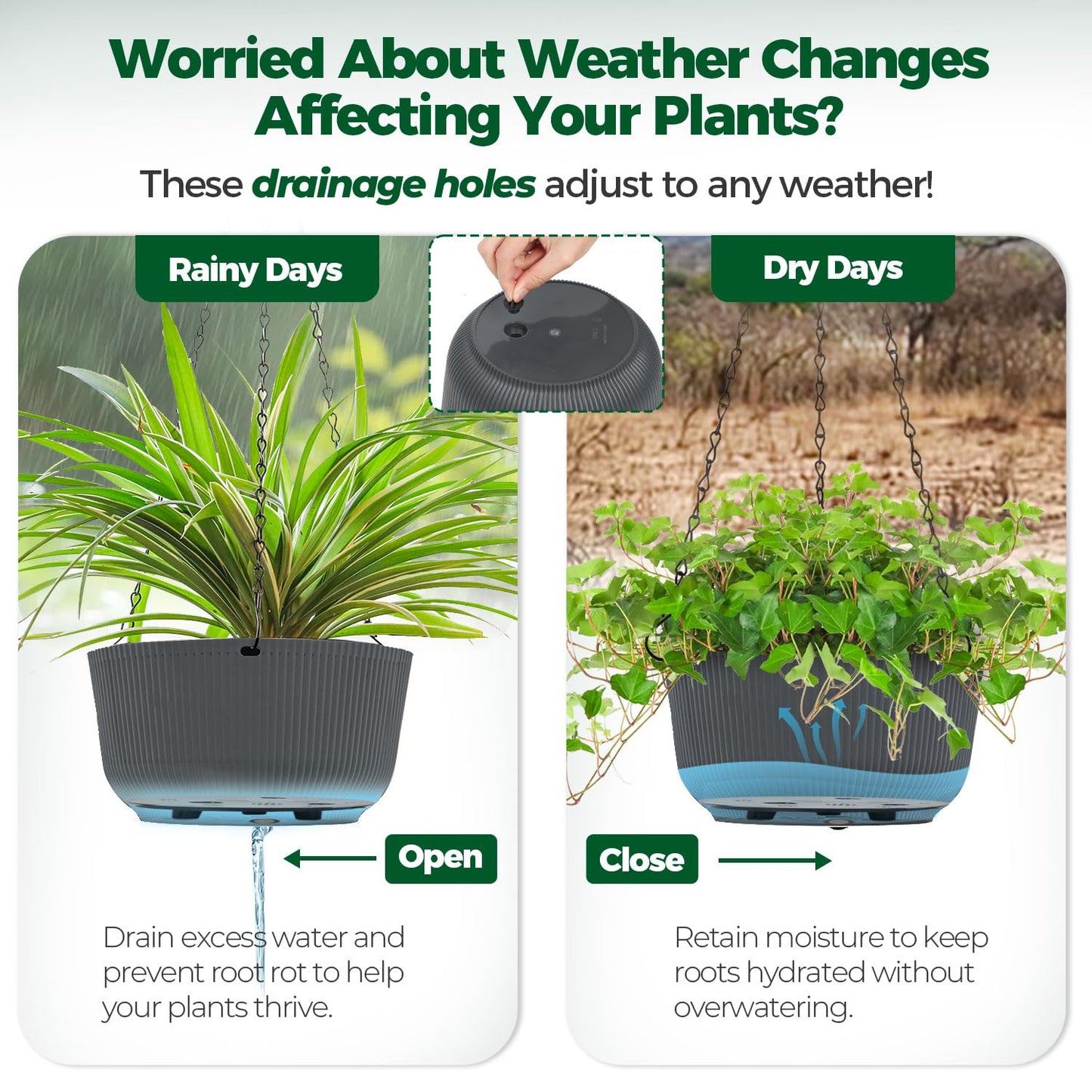 T4U 10 Inch Hanging Planters for Indoor Outdoor Plants, Hanging Plant Pot Pack of 2, Self Watering Hanging Pots with Drainage Hole & Plug & Chain with 3 Hooks for Garden Home Decor, Grey