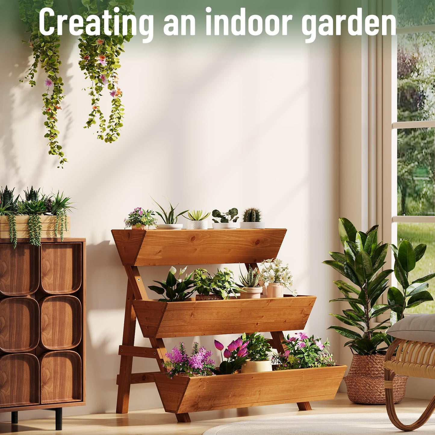 Vertical Wooden Raised Garden Bed, Garden Planters Freestanding Wood Plant Stand Flower Rack Wooden Planter Box for Plants Herbs Flowers Vegetables Outdoor Indoor Gardening (3-Tier Large Brown)