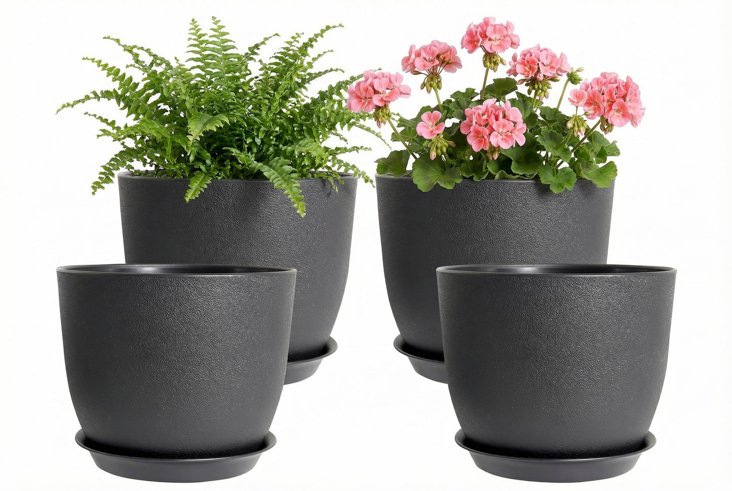 XQSHPDM 8 Inch Plant Pots Set of 4, Plastic Planters with Drainage Holes and Tray, Flower Pots for Indoor Outdoor Plants and Flowers (Black)