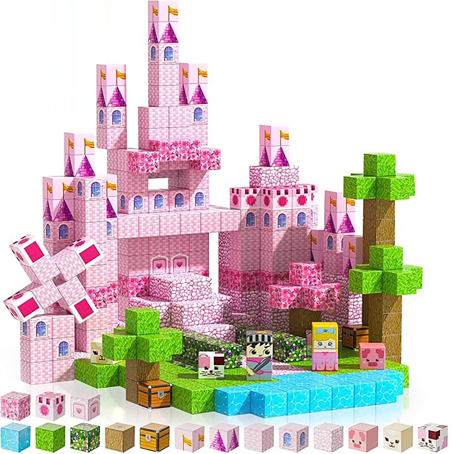 DOFASNCN Pink Magnetic Building Blocks Magnetic Building Tiles Toys for Boys Girls Age 3+，Creative Plastic Magnet Square Gift for Kids Pink Castle 100PCS