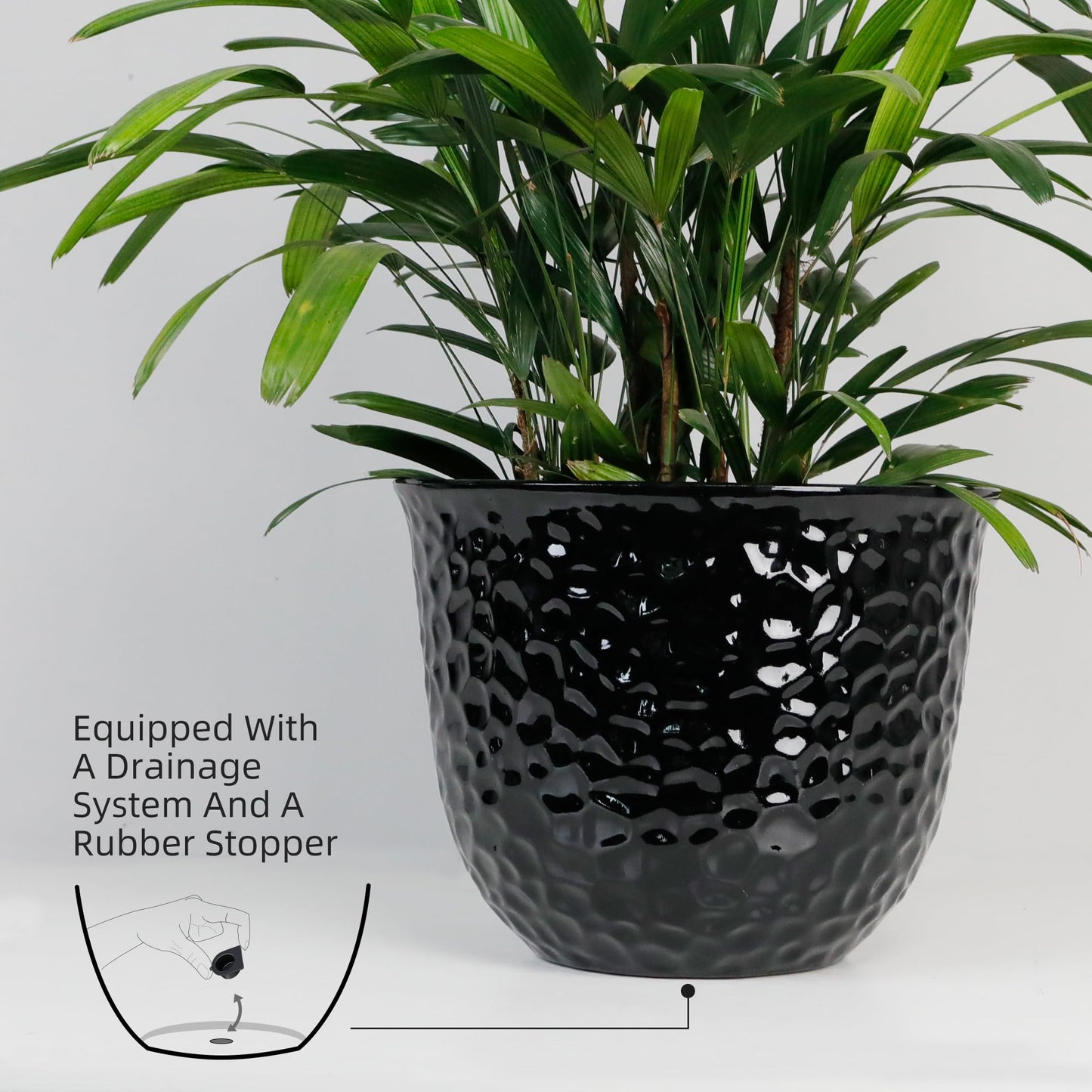 Worth Garden 2-Pack 15.5" Dia Planter - 11.8" H Large Round Glossy Black Plant Pots with Drain Hole - Lightweight Decorative Plastic Flower Pots for Indoor Outdoor Use, Front Porch, Home, Yard, Deck