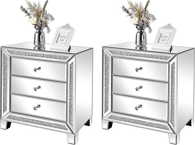VINGLI Mirrored Nightstands Set of 2, Modern Bedside Table 3 Drawer Glass Side