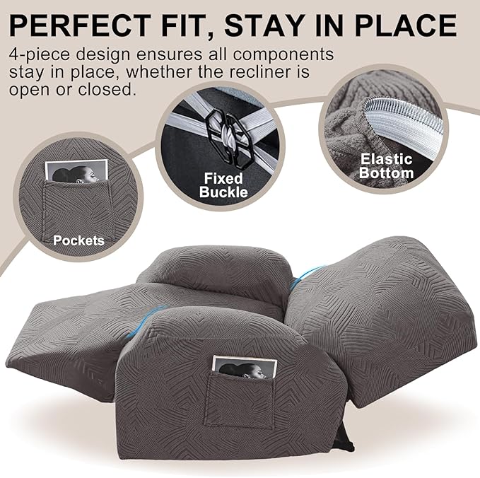 Recliner Chair Covers, 4-Piece Stretch Geometric Strokes Jacquard Reclining