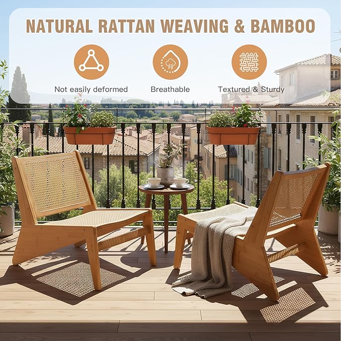 Welnow 2-Pcs Mid Century Rattan Accent Chair, Bamboo Wood Lounge Chair