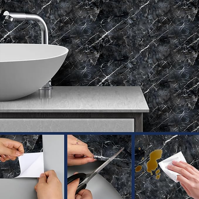 HOMETITUTE Black Marble Wallpaper Peel and Stick Dark Stone Pattern 118.1x17.7