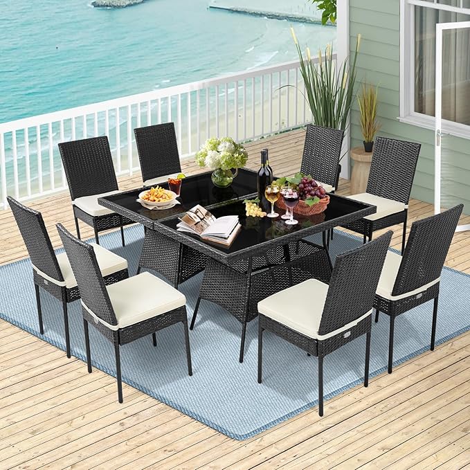 Tangkula 10 Pieces Wicker Patio Dining Set, Outdoor Rattan Table & Chairs Set