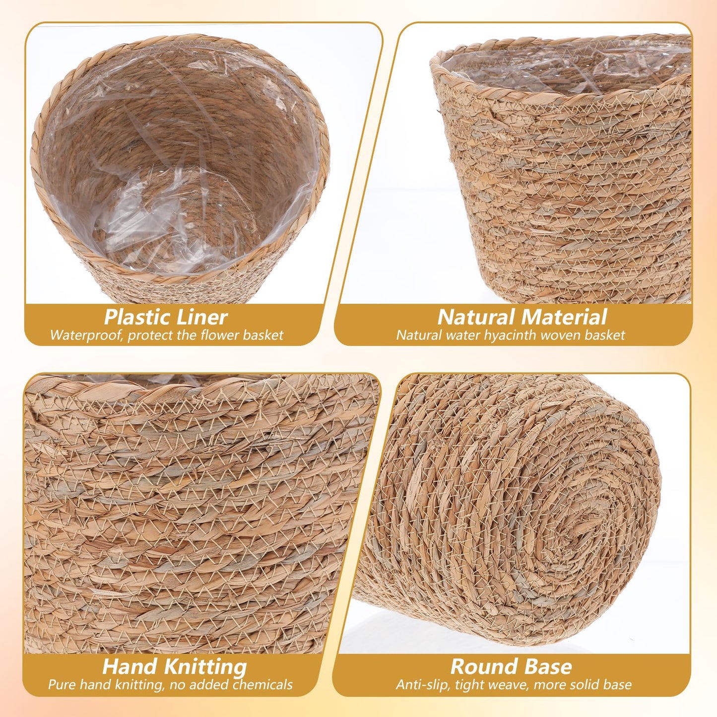 mekueeex 3 PCS Plant Baskets Indoor with Plastic Liner, Water Hyacinth Woven Planters Flower Basket, Planter Basket for Rustic Boho Home Farmhouse Floor Potted Pots Decor