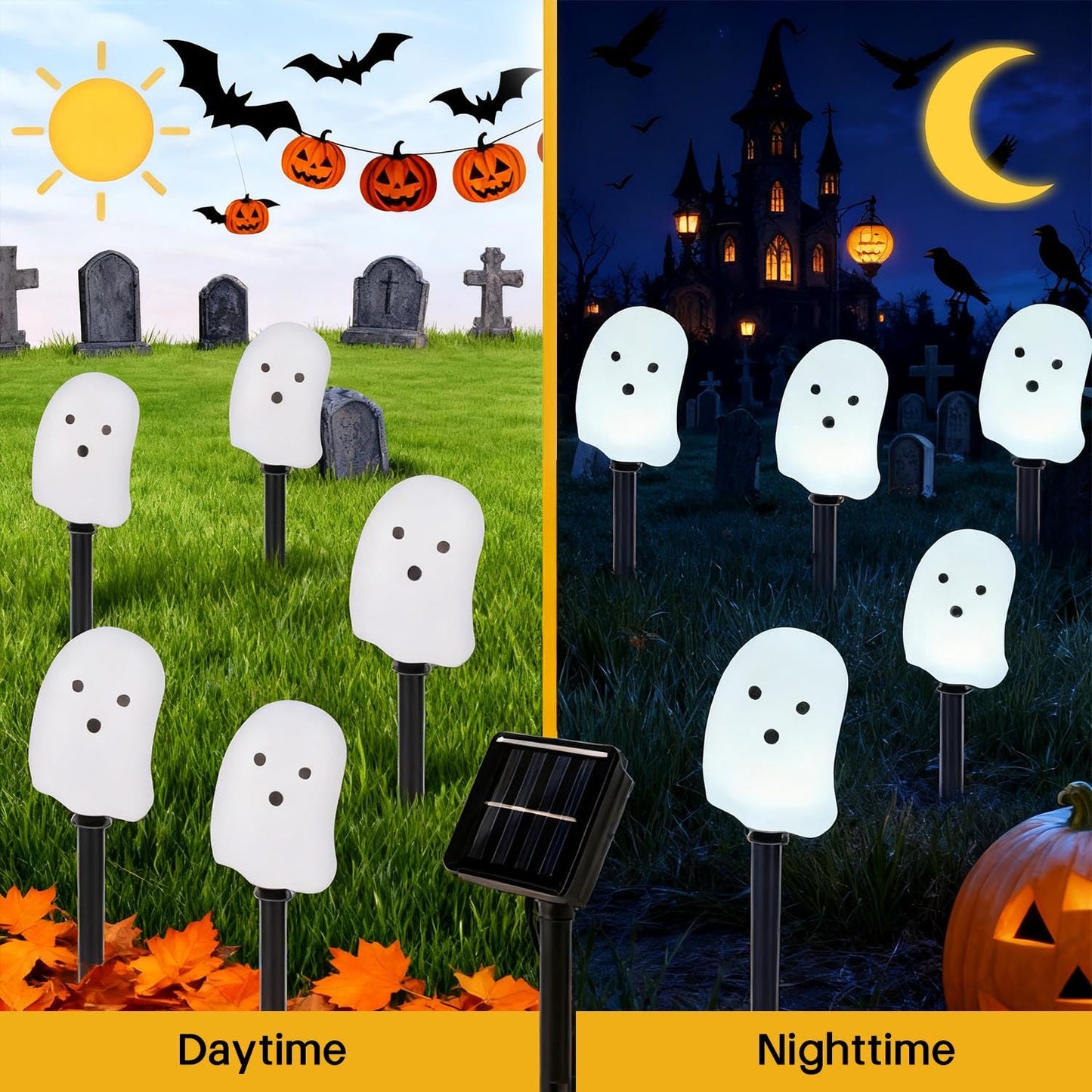 Halloween Solar Lights for Outdoor Decorations, 5 Pack Ghost Pathway Lights, Solar Ghost Lights for Garden, Yard, Party Halloween Decor（Dull）