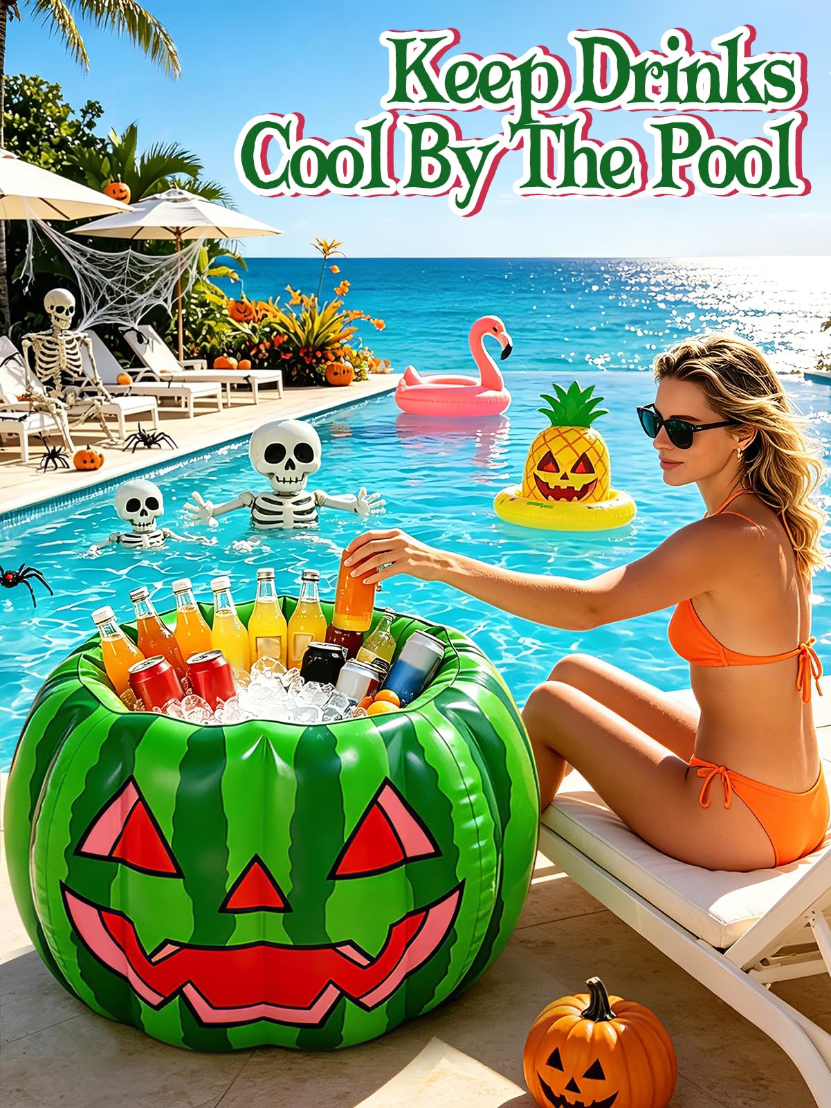 Cosweet Summer Halloween Inflatable Watermelon Cooler for Pool Party - 30" x 20" Large Spooky Blow Up Beverage Drink Cooler Ice Bucket with Drain Plug for Patio Yard Decor