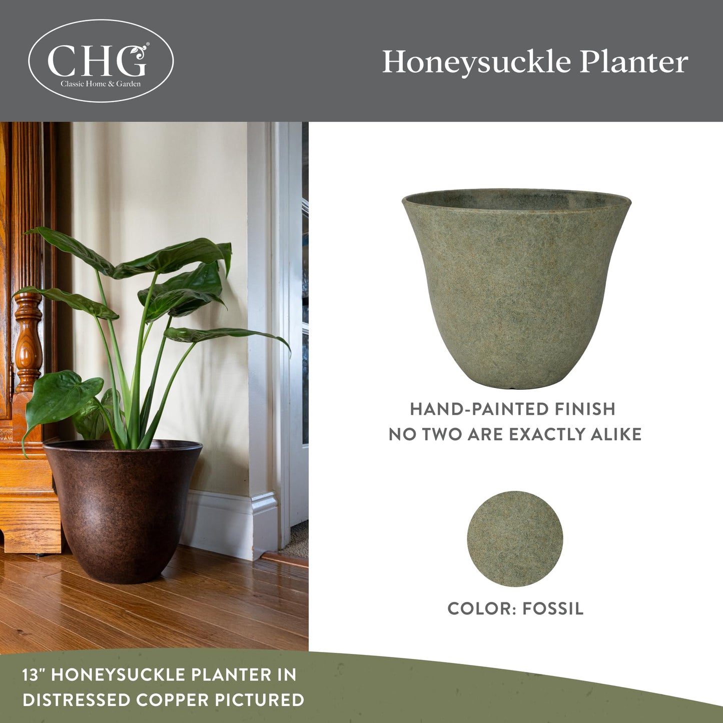 Classic Home and Garden by Growscape Honeysuckle Resin Planters - Lightweight Indoor & Outdoor Plant Pots - UV-Resistant Plastic Flower Pots - Pot Planters for Flowers & Herbs (15" Fossil)