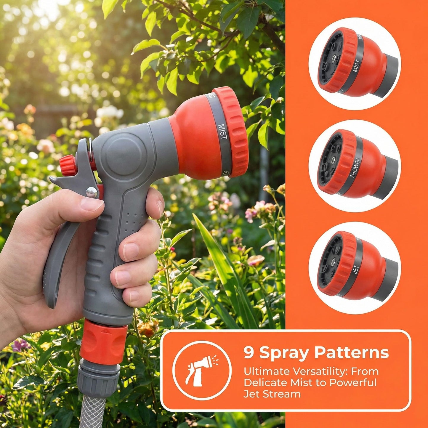 FXFOUCS Garden Hose Nozzle Sprayer-This High Heavy-Duty Spray Nozzle Offer 9 Watering Patterns for Watering Plants,Lawns &Gardens,Washing Cars,Household Cleaning and Showering Pets (Orange-grey)