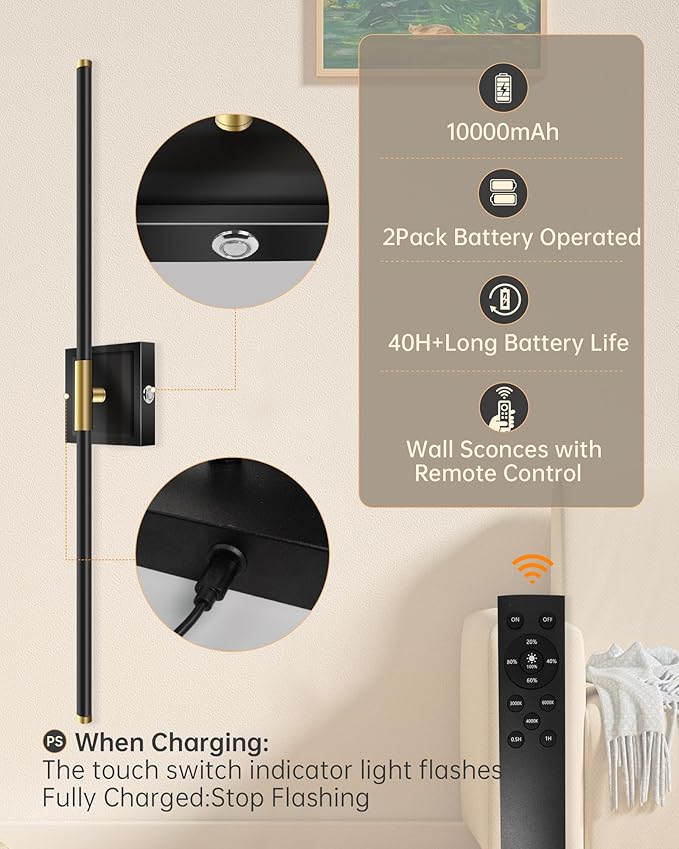 Battery Operated Wall Sconces with Remote Control, Dimmable Wall Sconces Set of Two, 3000K-6500K LED Wireless Picture Lights for Wall, Bedroom, Hallway, Living Room, 350°Rotate, 24.4 Inch(2 Pack)