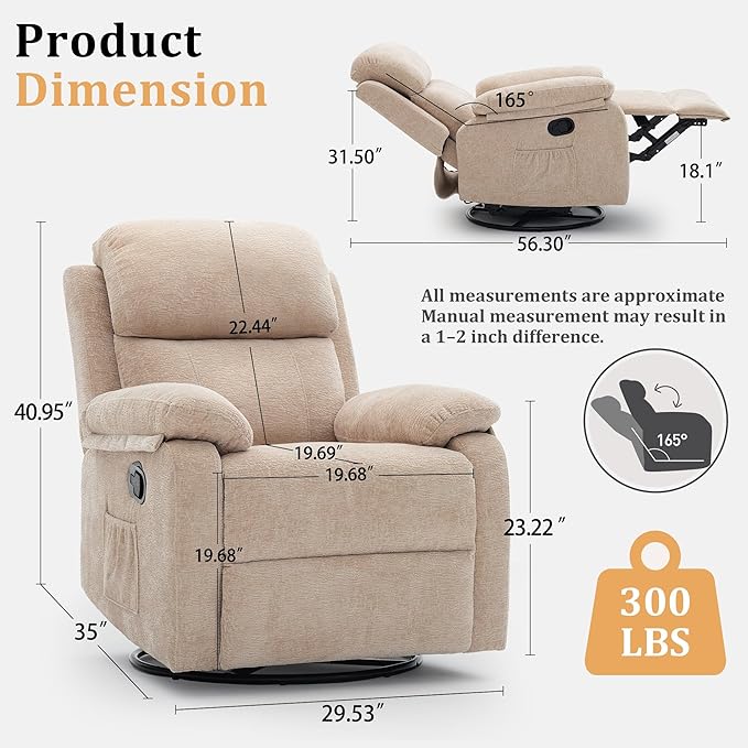 Korser Recliner Chair, 360 Swivel Rocker Chair