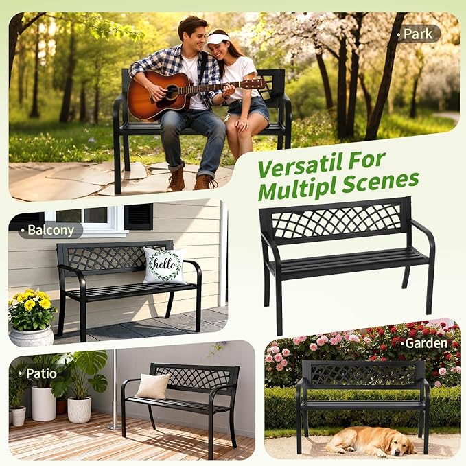Garden Bench, Outdoor Benches, Iron Steel Frame Patio Bench