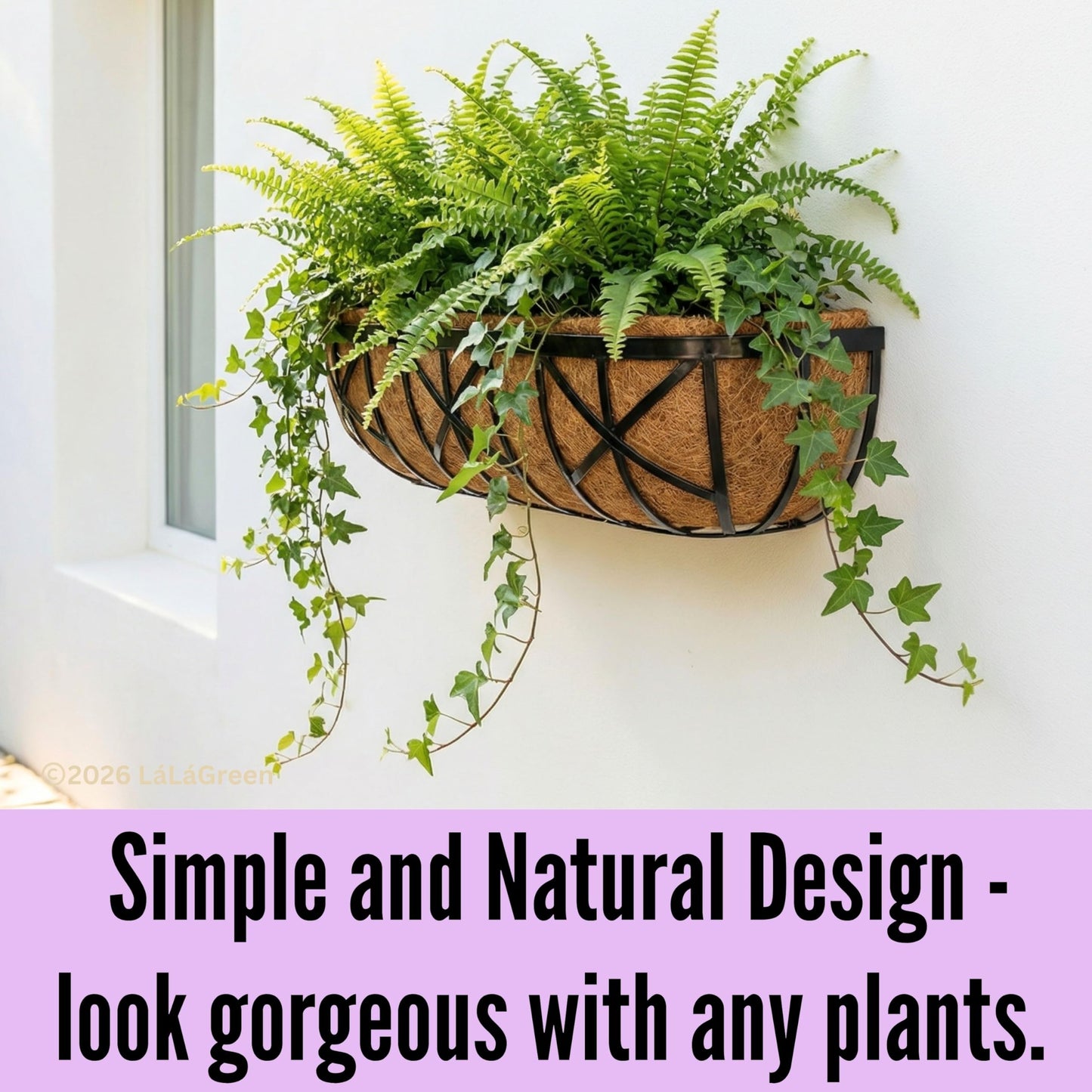 LaLaGreen Bundle- 2 Pack, 24 Inch Metal Planter with Coco Liner + 3 Pack, 11 Inch Self Watering Hanging Basket Plastic Flower Pot with Chain Outdoor Wall Mounted Balcony Fence Patio Porch Modern Decor