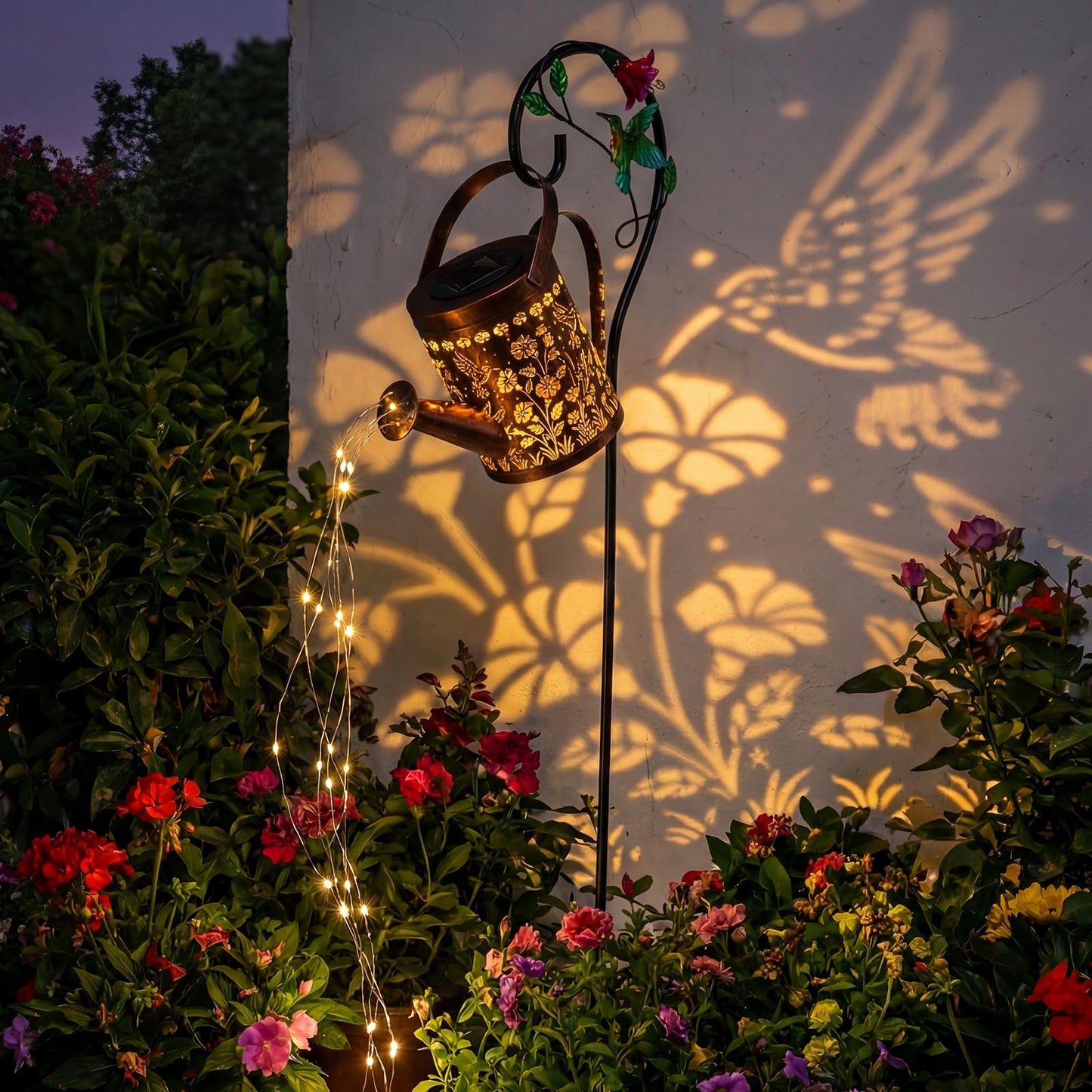 MEBRUDY Solar Garden Decor Lights, IP44 Waterproof Metal Hummingbird Solar Watering Can Lights Outdoor Decor for Yard Pathway Patio Lawn, Gifts for Women Mom Grandma Birthday