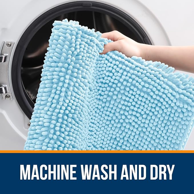 OLANLY Bathroom Rugs 30x18, Extra Soft Absorbent Chenille Bath Rugs, Rubber Backing Quick Dry, Machine Washable Bath Mats for Bathroom Floor, Tub and Shower, Home Decor Accessories, Sky Blue