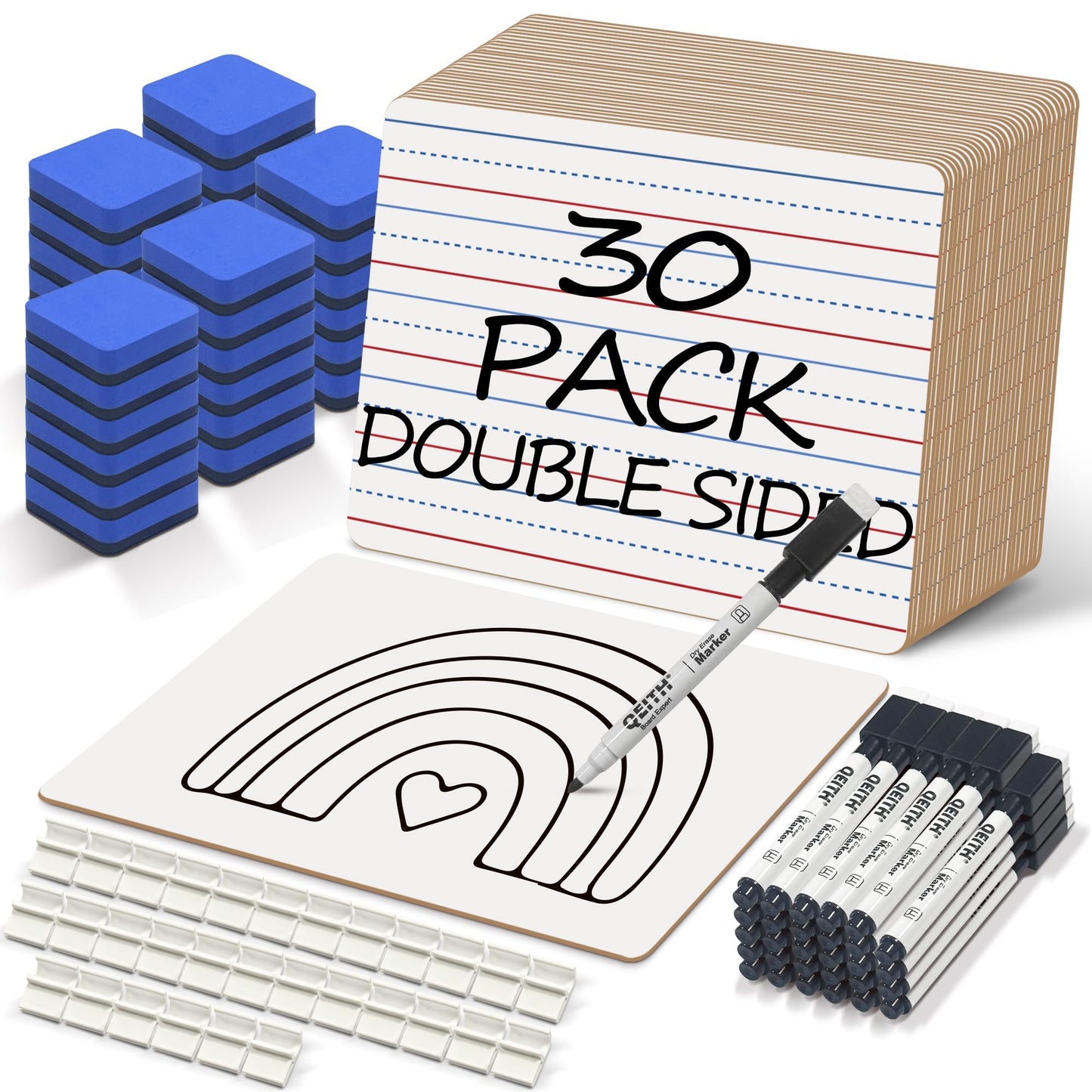 Dry Erase Boards, 30 Pack 9 x 12 Inch Mini Portable Practice White Boards with 30 Markers, 30 Erasers, Double Sided Personal Small Whiteboards with Lines for Kids, Students, Teachers Classroom School