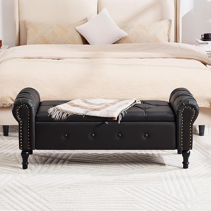Storage Bench for Bedroom, Faux Leather 51" End of Bed Bench, Queen Size Bench