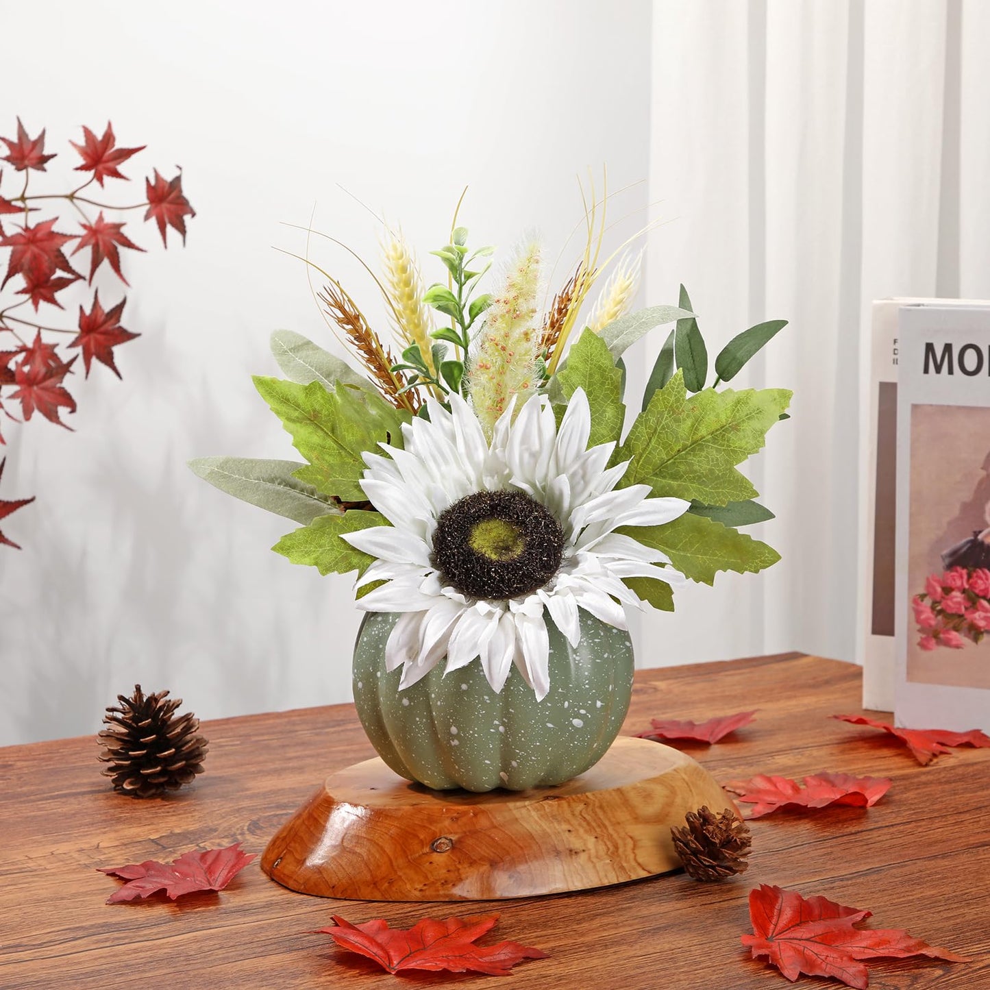 Artificial Pumpkin Floral Arrangement with White Sunflowers & Autumn Leaves – Fall Table Centerpiece for Thanksgiving, Halloween & Harvest Décor – Rustic Farmhouse Pumpkin Autumn Décor