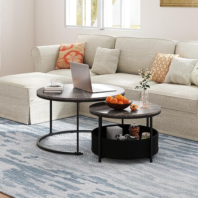 Tangkula Round Nesting Coffee Table Set of 2, Wooden Center End Table