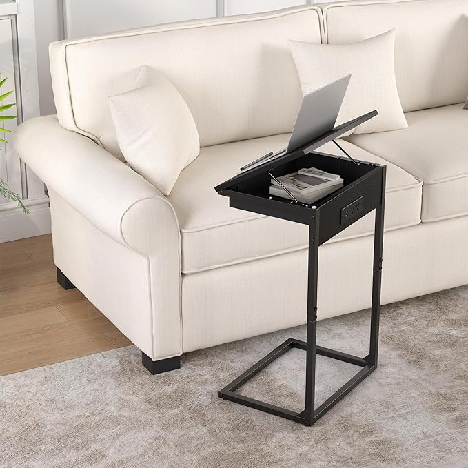 sthmec C Shaped End Table with Charging Station, 45° Tiltable Adjustable Flip