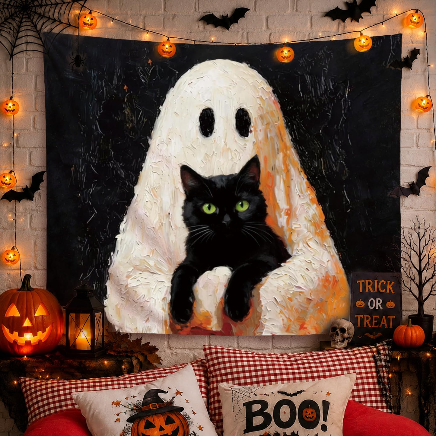 YTRG Spook Ghost Black Cat Tapestry, Halloween Tapestries Wall Hanging for Bedroom, Cat Ghost Tapestry Wall Decor Backdrop for Living Room Home, Black Cats Gifts for Women Girls Men, 50x60 Inch