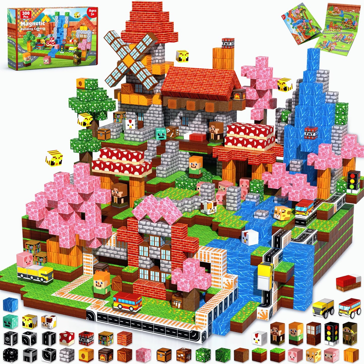 300 PCS Magnetic Blocks - Magnetic Building Block, Stacking Magnet Building Cubes for Kids, Magnetic Construction Toy for Boy Girl, STEM Montessori Sensory Toy Ages 3-12 Years Old Birthday Gift