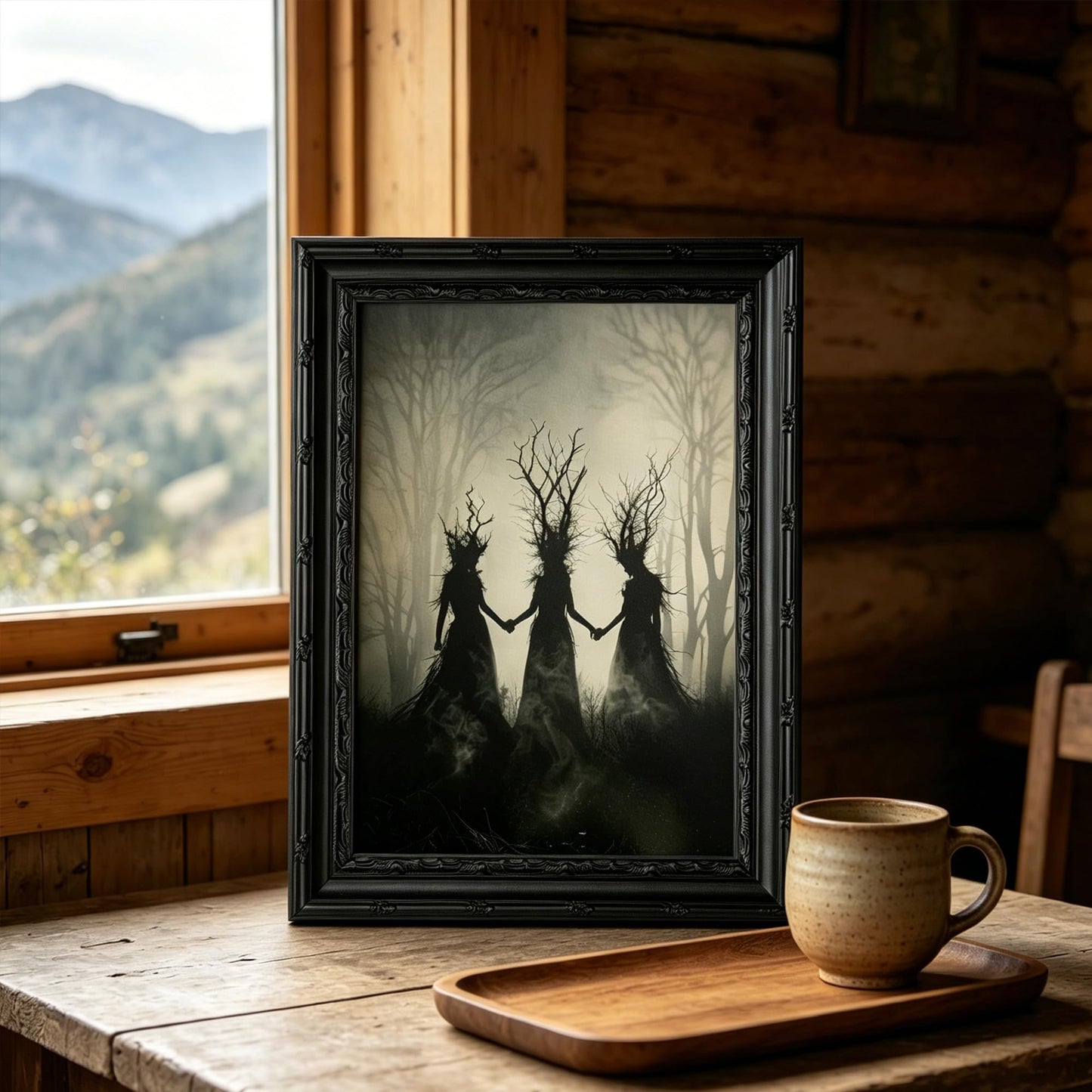 Framed Witch Canvas Wall Art,Occult Painting Picture Wall Decor,Dark Moody Poster Print Artwork,for Bedroom Living Room Halloween Party Home Decoration 9x11in