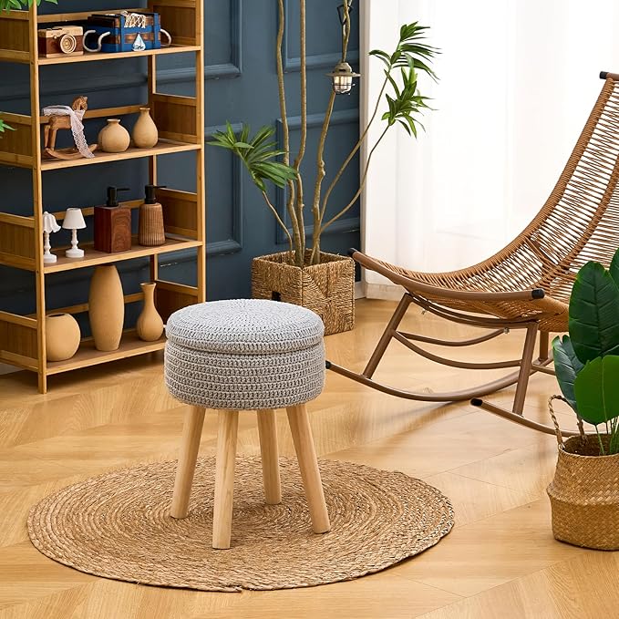 Wimarsbon Pouf Ottoman, 100% Cotton Knitted Boho Footstool, Round Footrest