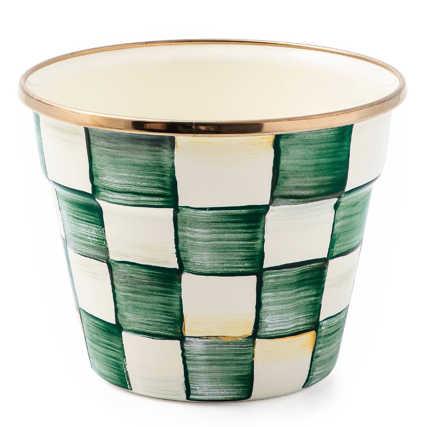 MACKENZIE-CHILDS Enamel Garden Pot, Decorative Pot for Plants, Outdoor Flowerpot Decor, Small, Green-and-White Emerald Check