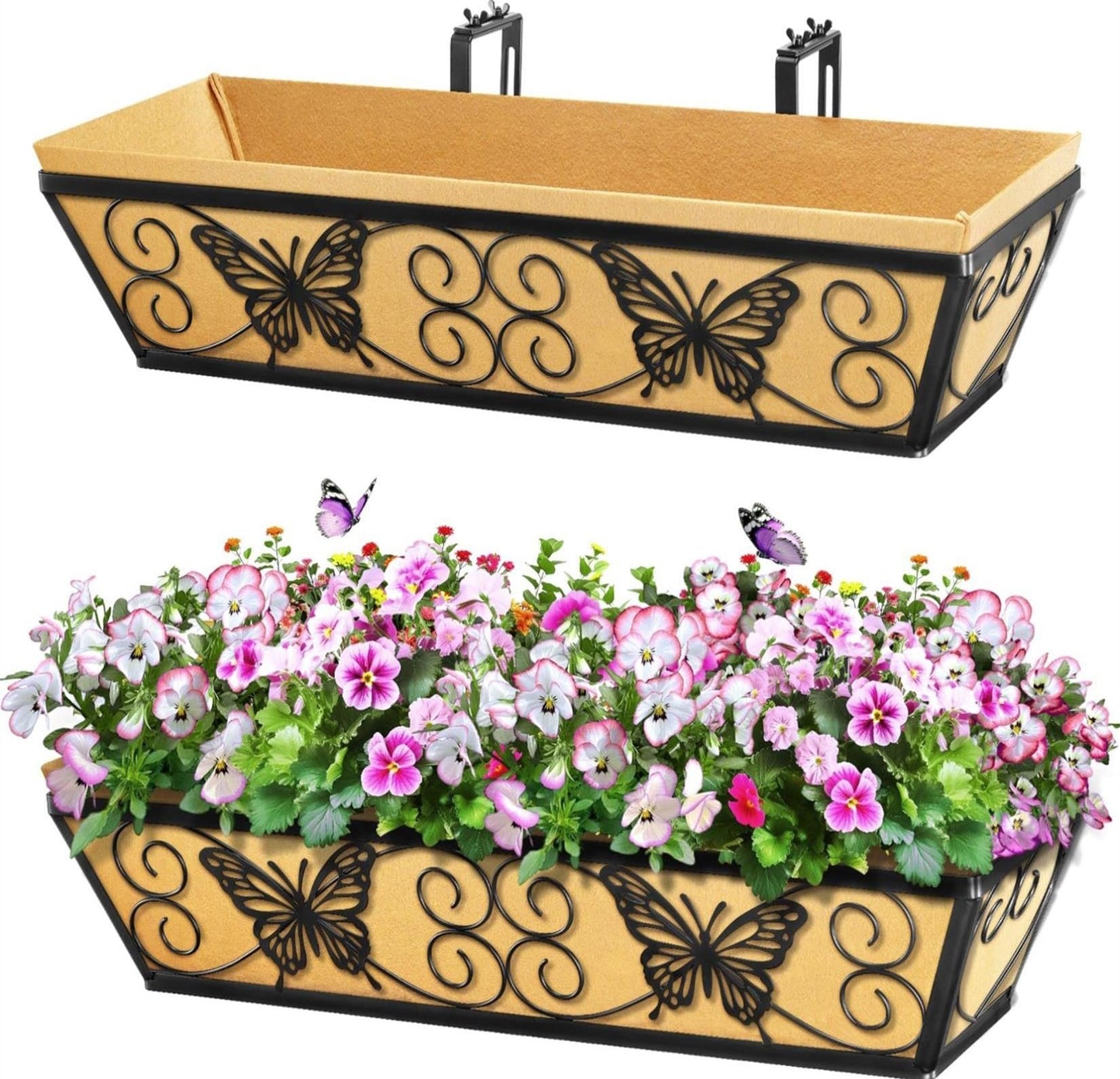 Karlliu 2 Pack 24 Inch Window Boxes Planters Railing Planter Box with Adjustable Brackets for Porch Fence Patio Balcony Hanging Flower Baskets with Woven Fabric for Outdoor Garden Decor - Black