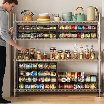 3 Tier Stackable Can Rack Organizer for Pantry Shelf, Adjustable Extra-Long Can Holder for Kitchen Storage, Sturdy Standing Rolling Can Dispenser for Canned Food Goods Drink Soup up to 96, Black