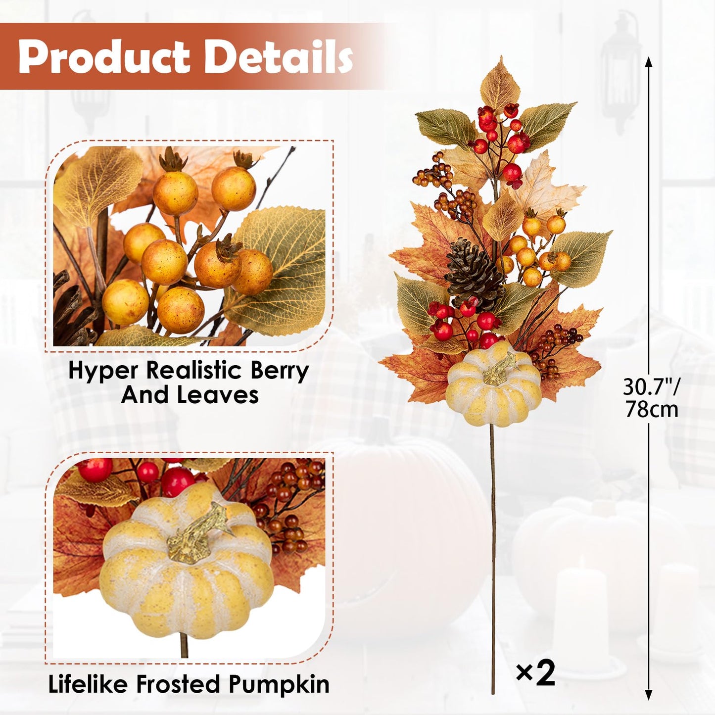 2PCS Artificial Fall Branches Fake Pumpkin Pine Cone Maple Beech Leaves with Red Berries, 30" Tall Faux Fall Stems Autumn Décor for Vase Farmhouse Kitchen Table Centerpiece Decoration