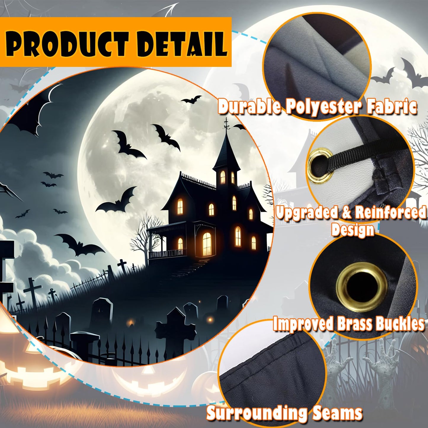 Halloween Garage Door Decorations 7 x 8 Ft Hanging Backdrop Horror Moon Night Halloween Garage Door Cover Scary Cemetery Pumpkin Banner Photo Background for Home Spooky Party Wall Window Yard (Black)