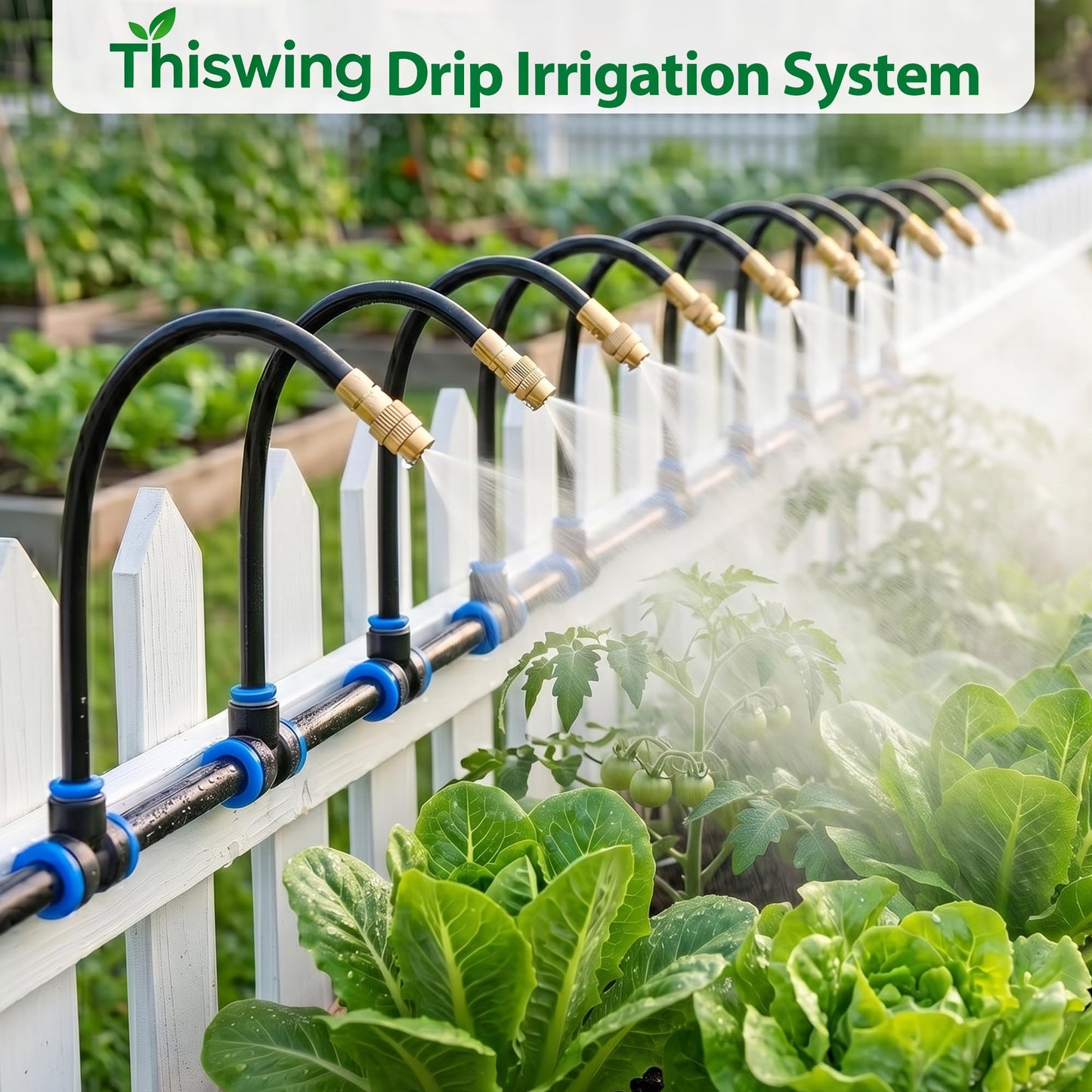 Thiswing 100FT 360° Adjustable Irrigation System for Garden – 1/4" Tubing with 18 Nozzles, Watering Misting System, Sprinkler for Garden, Raised Bed, Lawn, Plants