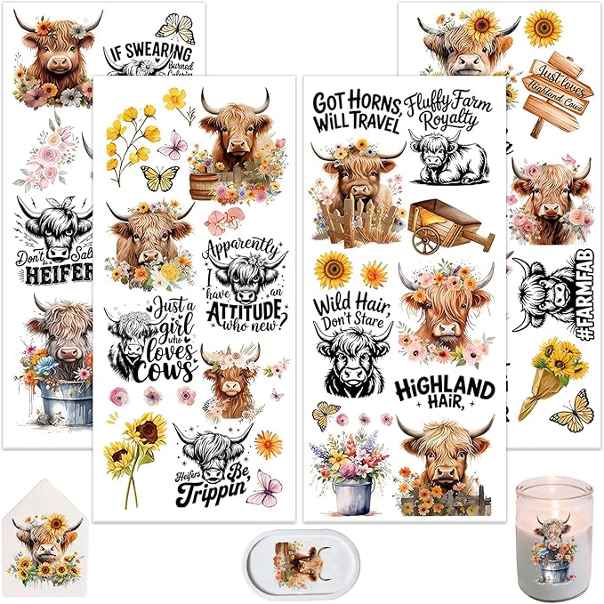 4 Sheets Rub on Transfers for Crafts, Highland Cattle Furniture Transfers for