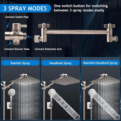 Shower Head Combo(Brushed Nickel),8 Inch High Pressure Rain Shower Head with 11 Inch Adjustable Extension Arm and 5 Settings Handheld Shower Head Combo,Powerful Shower Spray Against Low Pressure Water
