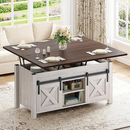 SEDETA Lift Top Coffee Table, 4 in 1 Multi-Function Convertible Coffee Tables with Storage and Hidden Compartment, Farmhouse Coffee Table Converts to Dining Table for Living Room, Vintage White