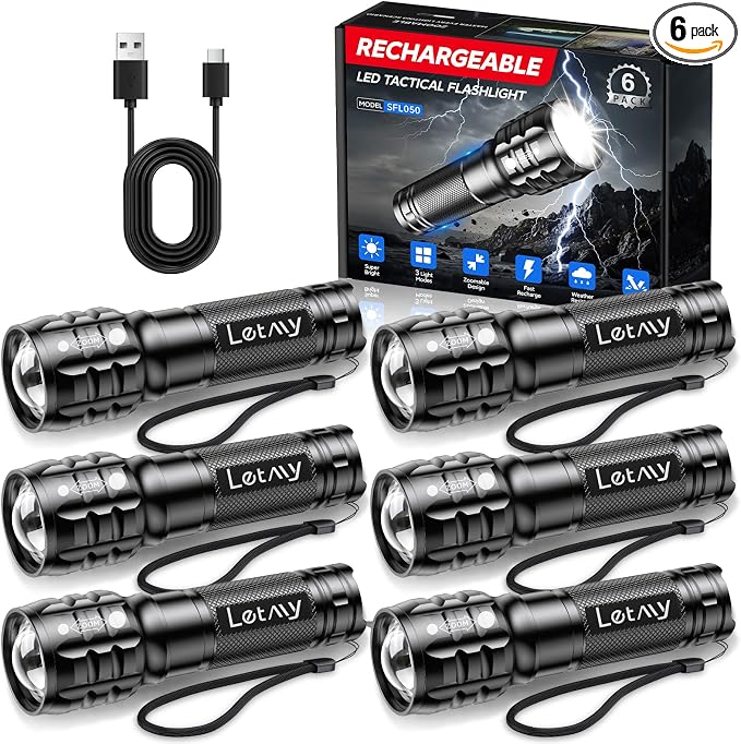 LETMY 6 Pack Rechargeable Flashlights 2000 Lumens, 3 Modes Bright Small Flashlight for Home Tactical Flashlights Rechargeable, Zoomable LED Flashlights Waterproof for Outdoor,Camping Emergency