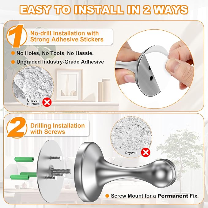 Crosize Magnetic Door Stoppers 2 Pack, Stainless Steel Door Stops for Wall and Floor Mounting, Door Holder Keep Door Open, No Drilling Door Stop with Adhesive Tapes, Silver