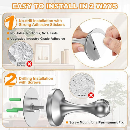 Crosize Magnetic Door Stoppers 1 Pack, Stainless Steel Door Stops for Wall and Floor Mounting, Door Holder Keep Door Open, No Drilling Door Stop with Adhesive Tapes, Silver