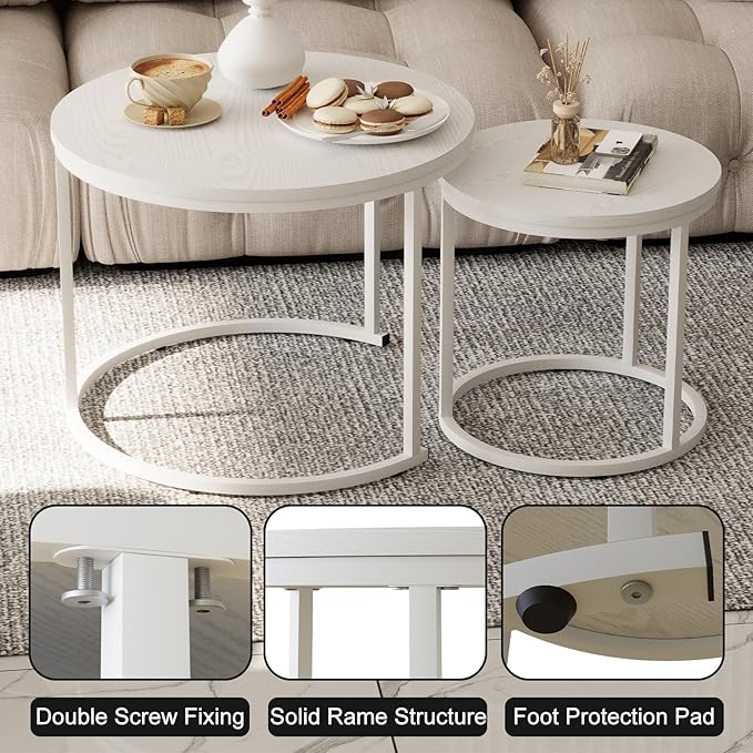 Garden 4 you Nesting Coffee Table, 23.6" Round Coffee Table Set of 2, Wooden