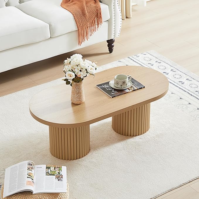 Oval Fluted Coffee Table, Farmhouse Wood Coffee Table Mid Century Modern Center