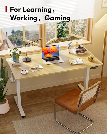 SANODESK Electric Standing Desk 60 x 24 Inches Whole-Piece Desktop Height Adjustable Stand Up Desk w/6-Button Controller Ergonomic Computer Desk for Home Office, White Frame + Natural Tabletop