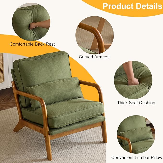 Bonnlo Dark Green Linen Mid Century Modern Accent Chair, Soild Wood Padding