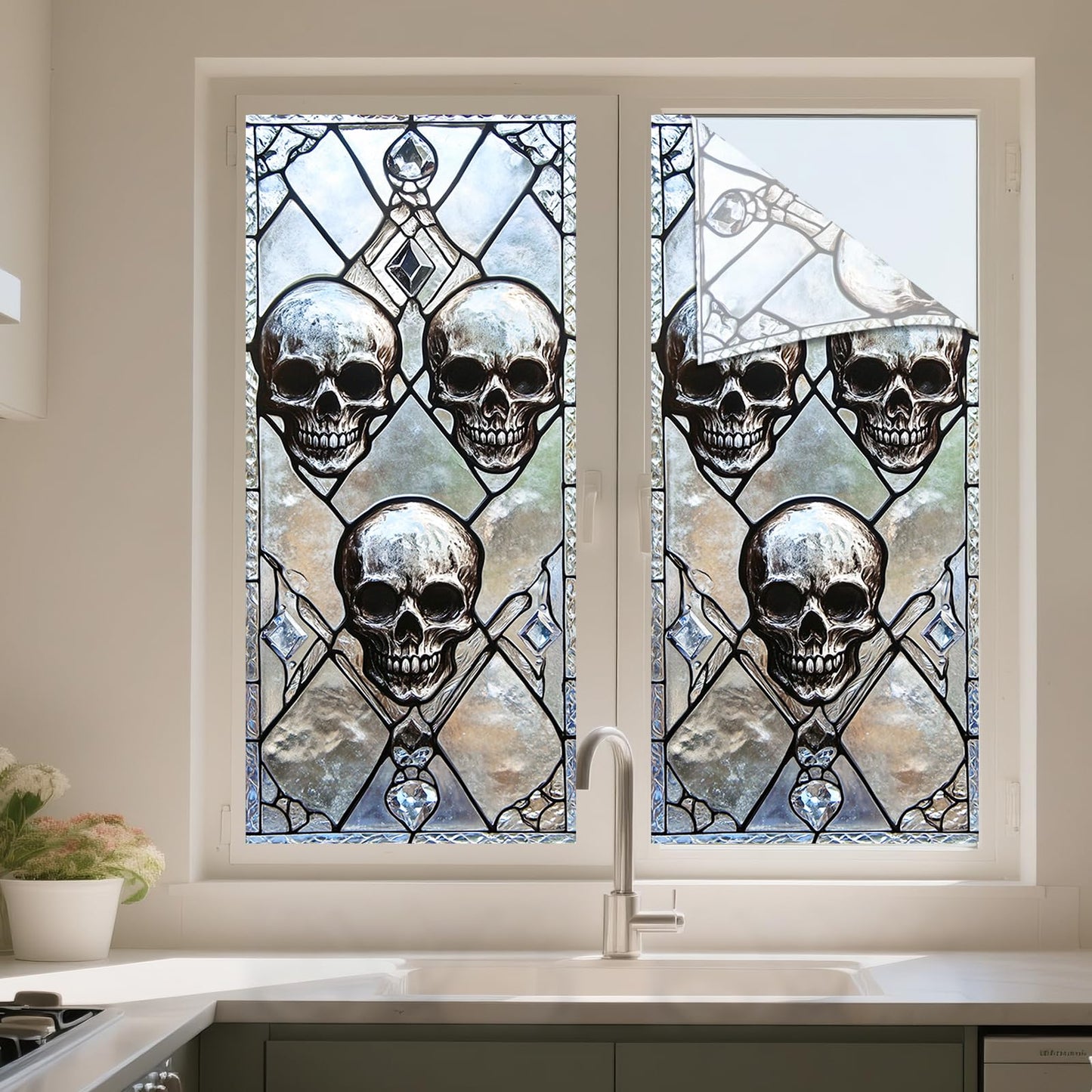 IVN Privacy Window Film Decorative Stained Glass Skull Design, Gothic Static Cling Window Film for Living Room Bedroom Door Panel 17.7 x 39.3 Inch
